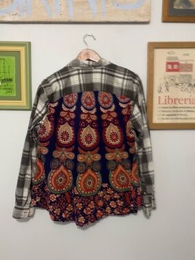 One of a kind, Upcycled Plaid and Paisley Long-Sleeve Shirt - Gray